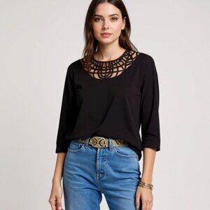 Anthropologie Black Bohemian Blouse Women’s Crochet Neck Size XS